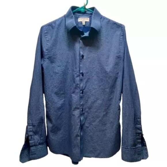 Express Dress Shirt Men’s Small 14-14.5" Neck Blue Geometric Extra Slim Button - Picture 1 of 14